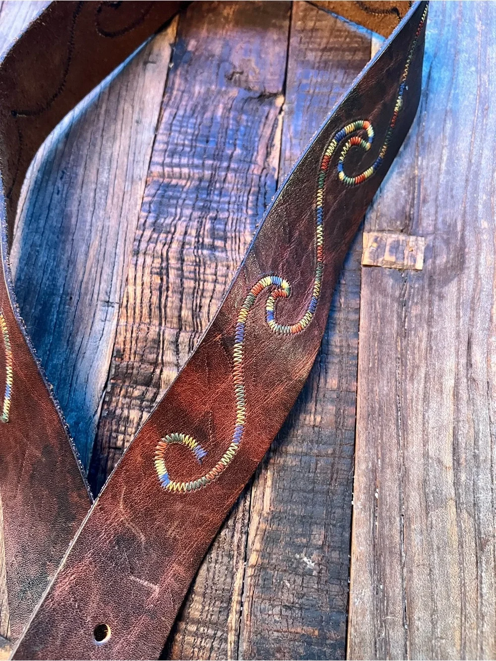 Vintage-Inspired Brown soft Leather Belt with Embroidered Detail
